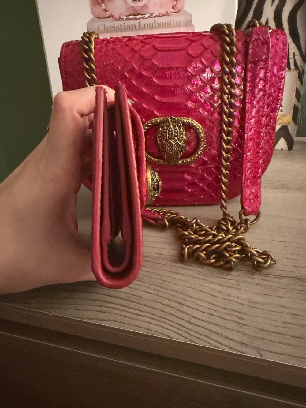Kurt Geiger Hot Pink Snake-Embossed Crossbody & Wallet NWOT - Picture 5 of 14